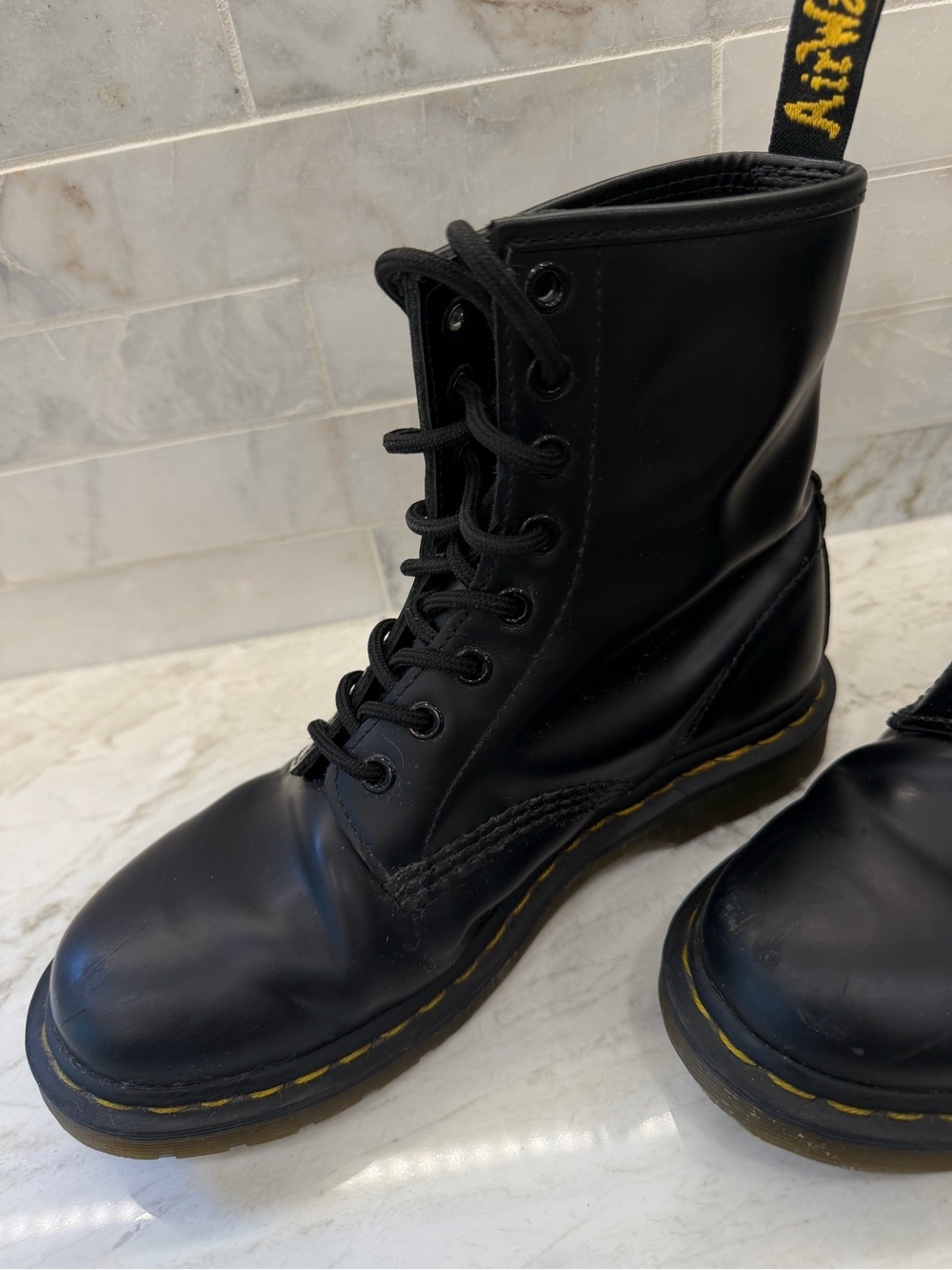 Dr. Martens Black Lace-Up Leather Combat Boots with Yellow Stitching - Picture 4 of 16